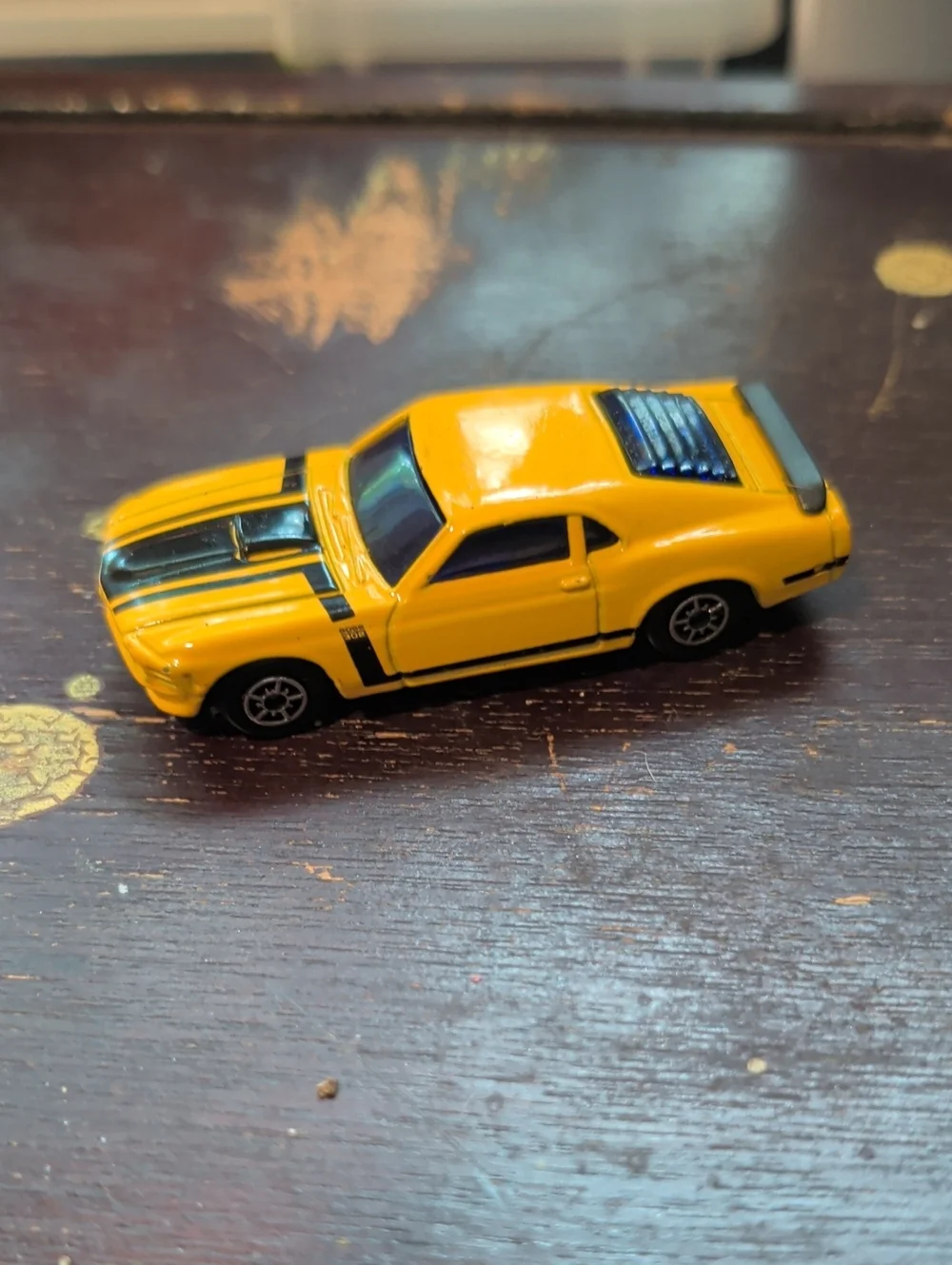 Yellow Toy Muscle Car for Kids - Black Stripes Boss Mustang